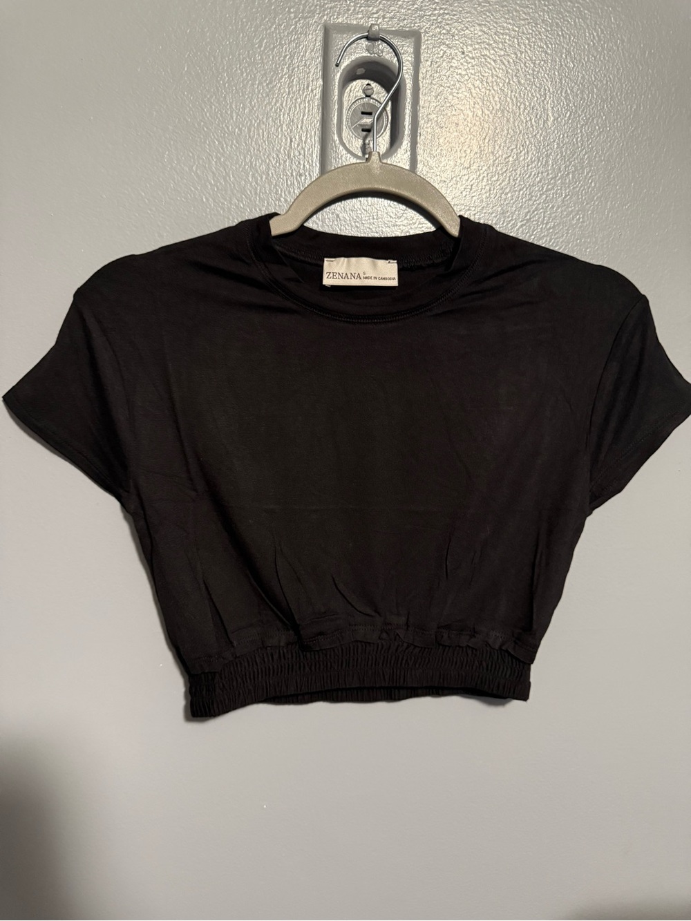 Zenana Smocked Hem Cropped Tee | Premium Soft Rayon Stretch Black CC01 - Picture 2 of 4
